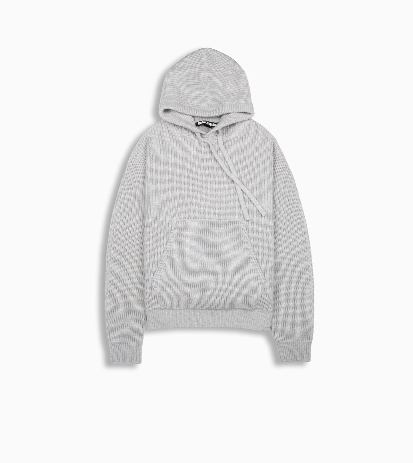 PALM ANGELS Curved Logo Rib Knit Hoodie Grey Melange