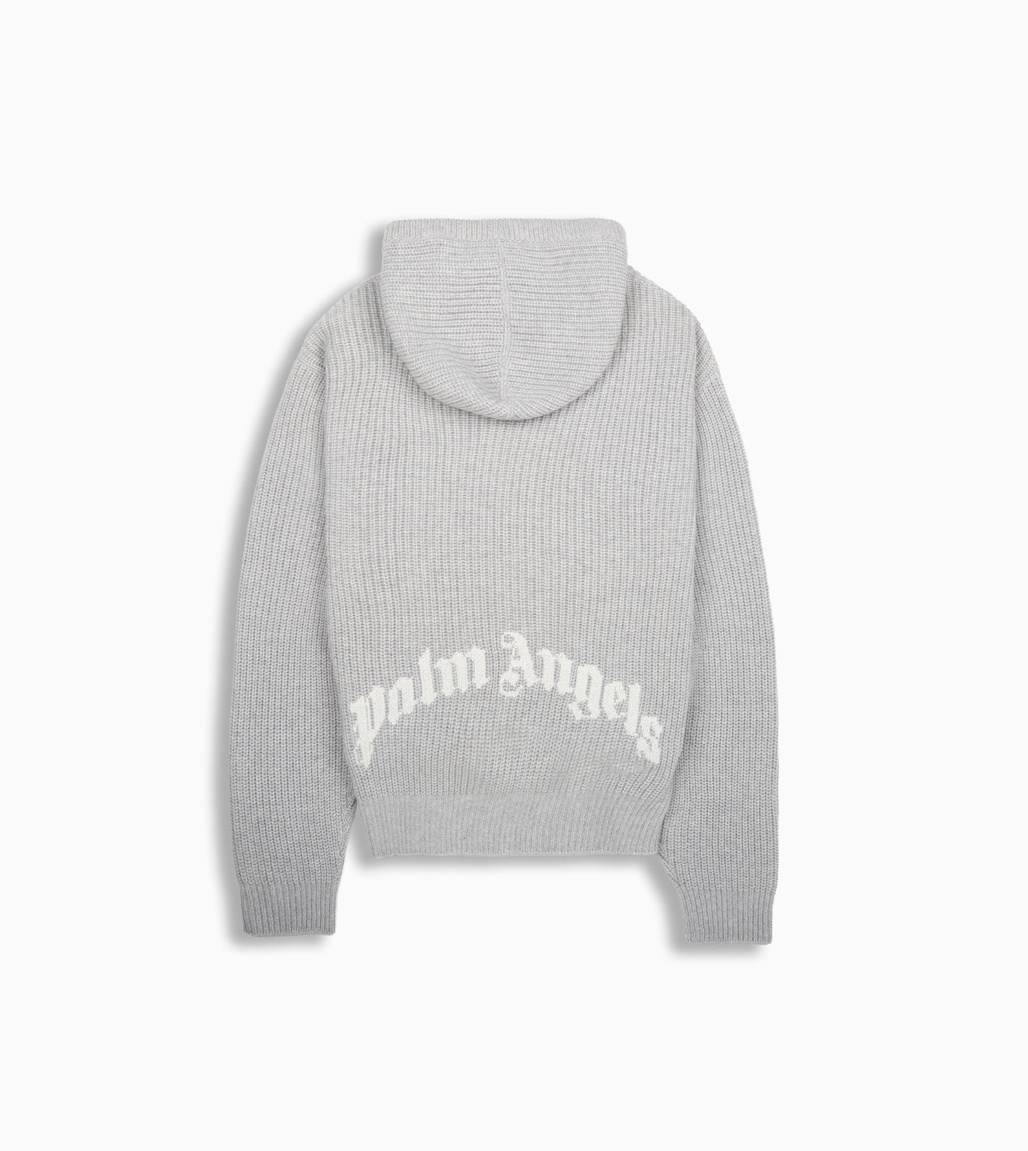 PALM ANGELS Curved Logo Rib Knit Hoodie Grey Melange