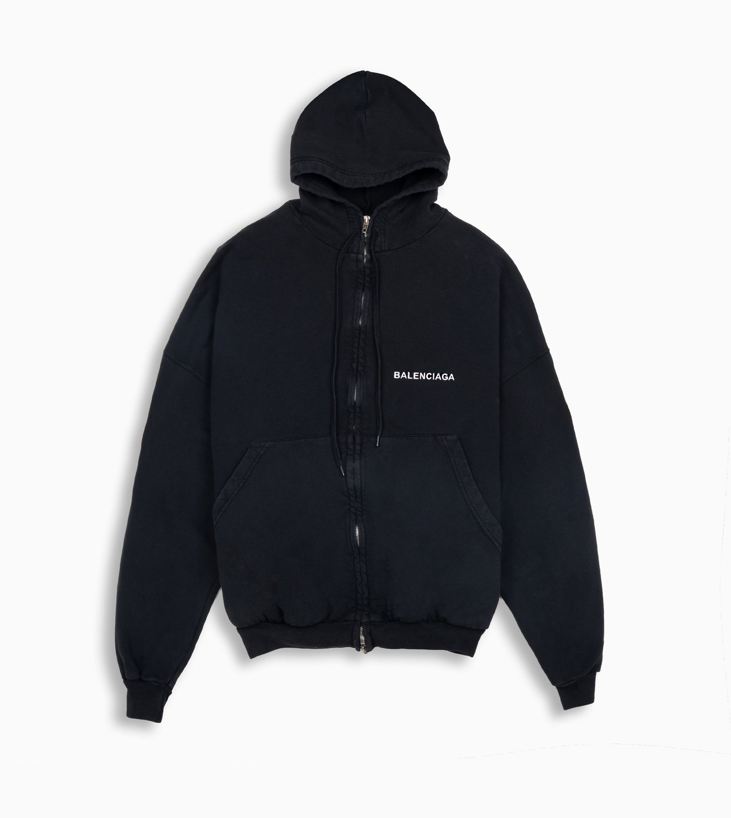 BALENCIAGA Uniform Patch Zip-up Hoodie Large Fit in Black Faded