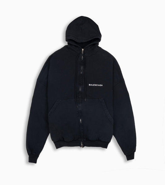 BALENCIAGA Uniform Patch Zip-up Hoodie Large Fit in Black Faded