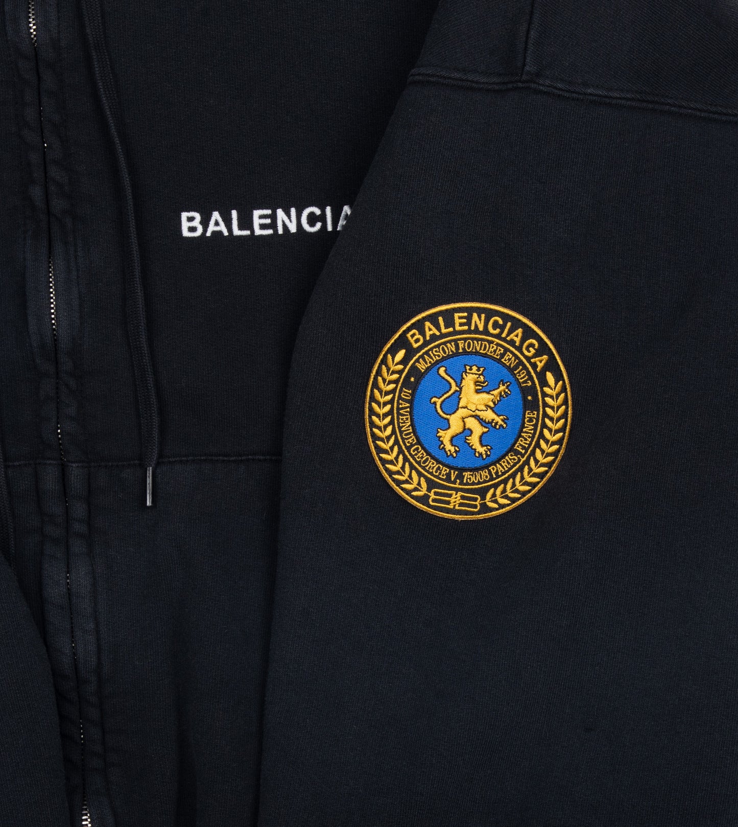 BALENCIAGA Uniform Patch Zip-up Hoodie Large Fit in Black Faded