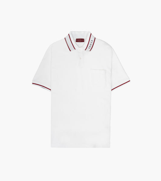 GUCCI Cotton Piqué Polo with Web Stripe White Mix