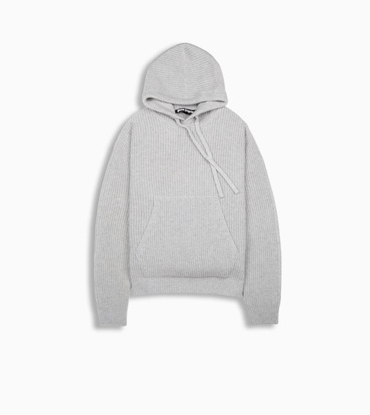 PALM ANGELS Curved Logo Rib Knit Hoodie Grey Melange