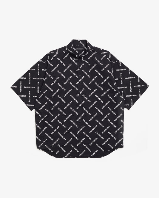 BALENCIAGA All Over Logo Button-Down Short Sleeve Shirt